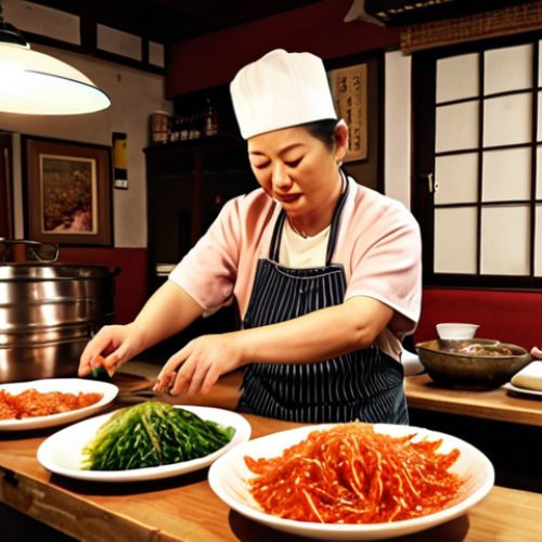 Home 4 A cozy, family-run Korean restaurant in Athens near Syntagma Square, with "Oma" personally preparing Kimchi. Focus on the authentic, rustic setting and the heartwarming scene.