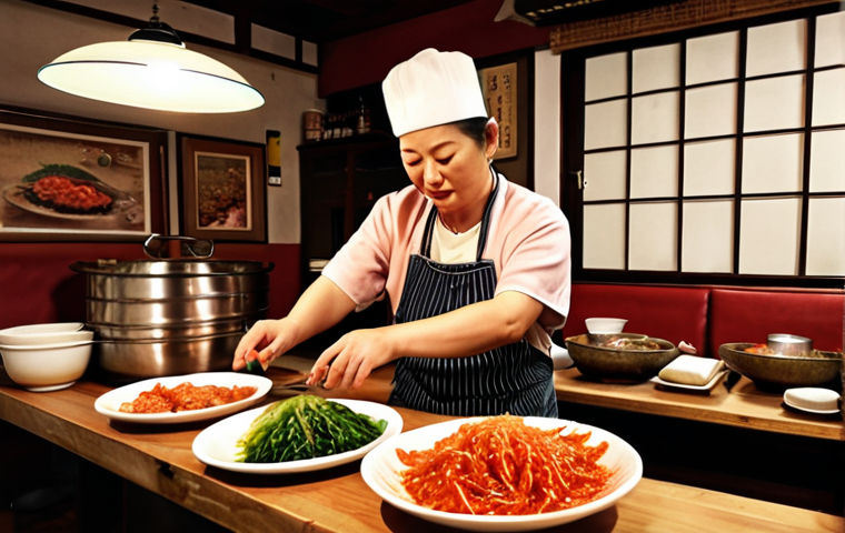 A cozy, family-run Korean restaurant in Athens near Syntagma Square, with "Oma" personally preparing Kimchi. Focus on the authentic, rustic setting and the heartwarming scene.