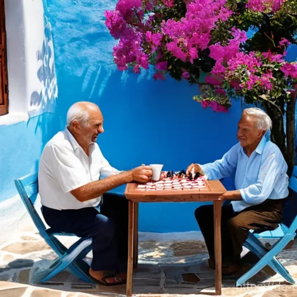 그리스 국민들의 성격과 특징 - **A Serene Greek Kafenio Scene:**
    A vibrant, sun-drenched scene at a traditional Greek kafenio i...
