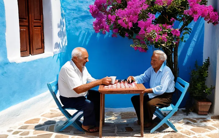 그리스 국민들의 성격과 특징 - **A Serene Greek Kafenio Scene:**
    A vibrant, sun-drenched scene at a traditional Greek kafenio i...