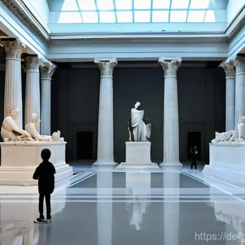 그리스의 인기 있는 박물관 - A breathtaking interior view of a grand museum hall, reminiscent of the Acropolis Museum, bathed in ...