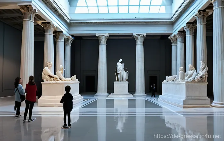 그리스의 인기 있는 박물관 - A breathtaking interior view of a grand museum hall, reminiscent of the Acropolis Museum, bathed in ...