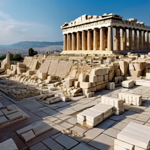 파르테논 신전 역사 - An epic wide shot illustrating the construction of the Parthenon on the Acropolis in ancient Athens,...