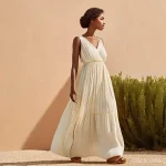 그리스 전통 의상과 현대 패션 - **Prompt:** A graceful woman stands in a sunlit, serene outdoor setting, reminiscent of a Mediterran...