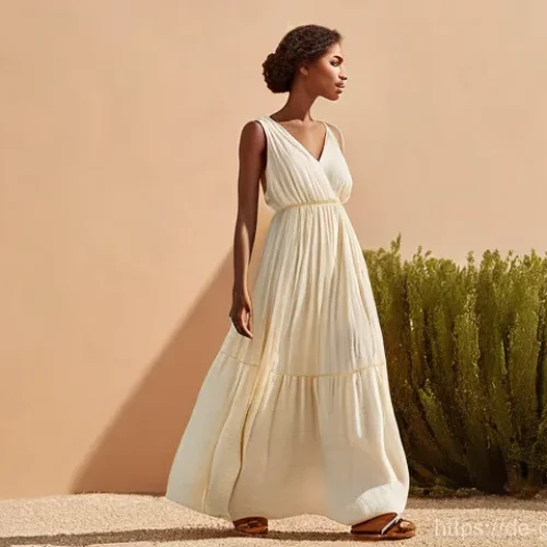 그리스 전통 의상과 현대 패션 - **Prompt:** A graceful woman stands in a sunlit, serene outdoor setting, reminiscent of a Mediterran...