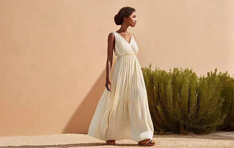 그리스 전통 의상과 현대 패션 - **Prompt:** A graceful woman stands in a sunlit, serene outdoor setting, reminiscent of a Mediterran...