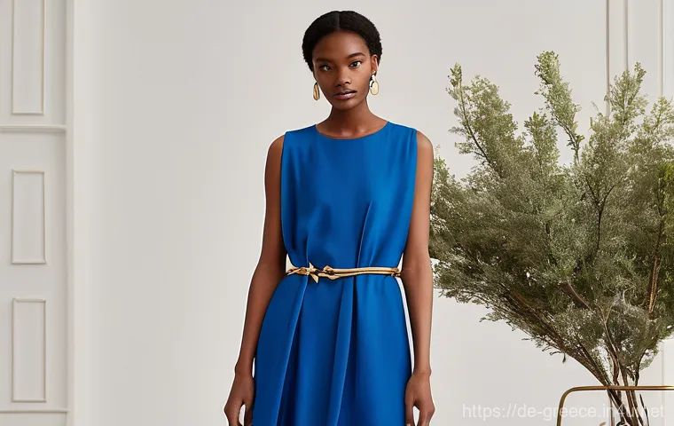 그리스 전통 의상과 현대 패션 - **Prompt:** A graceful woman stands in a sunlit, serene outdoor setting, reminiscent of a Mediterran...