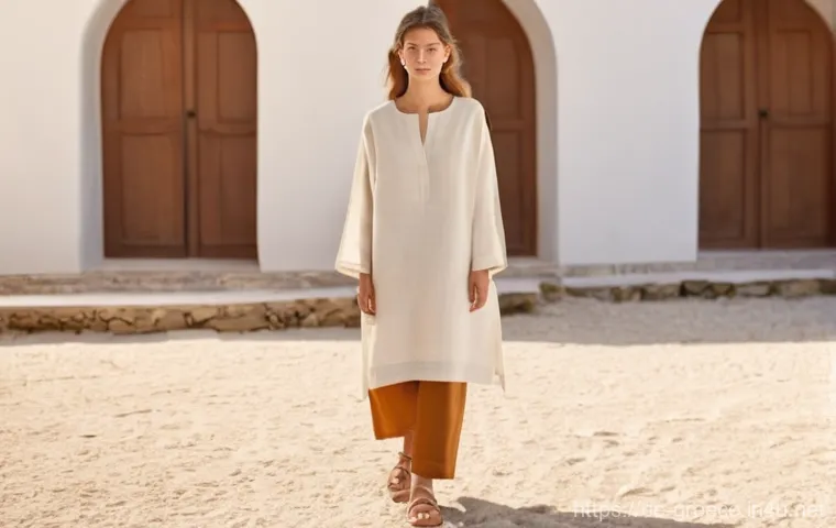 그리스 전통 의상과 현대 패션 - **Prompt:** A fashionable individual, gender-neutral, is depicted modeling a contemporary, asymmetri...