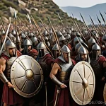 그리스의 유명한 전쟁 및 전투 - **A detailed and heroic depiction of ancient Greek hoplites in a tightly formed phalanx, positioned ...