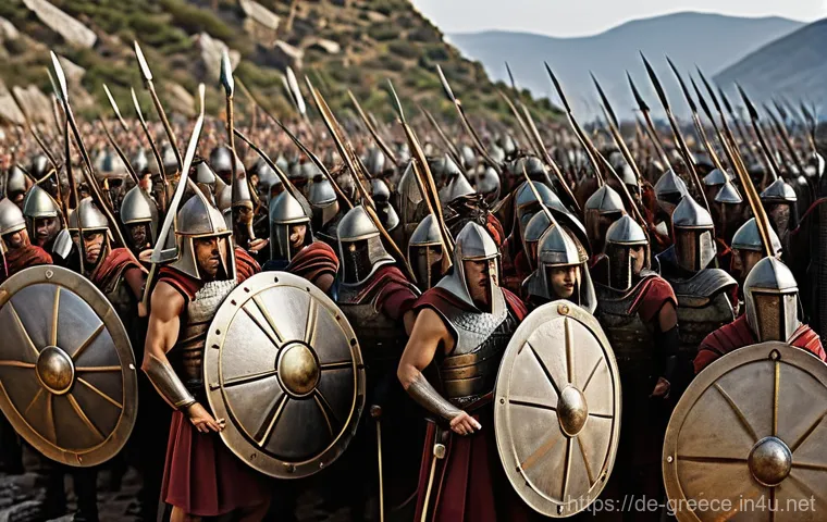 그리스의 유명한 전쟁 및 전투 - **A detailed and heroic depiction of ancient Greek hoplites in a tightly formed phalanx, positioned ...