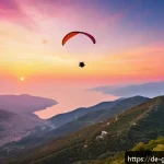 그리스에서 즐길 수 있는 패러글라이딩 - A breathtaking paragliding scene over Pelion mountain in Greece during sunset, showing lush green fo...