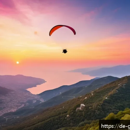 그리스에서 즐길 수 있는 패러글라이딩 - A breathtaking paragliding scene over Pelion mountain in Greece during sunset, showing lush green fo...