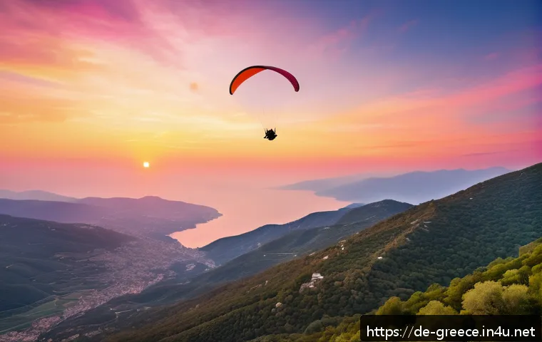 그리스에서 즐길 수 있는 패러글라이딩 - A breathtaking paragliding scene over Pelion mountain in Greece during sunset, showing lush green fo...