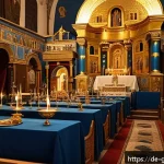 그리스 정교회 역사 - A richly decorated interior of a Greek Orthodox Byzantine church during a festive liturgy, featuring...