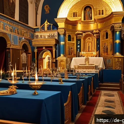 그리스 정교회 역사 - A richly decorated interior of a Greek Orthodox Byzantine church during a festive liturgy, featuring...