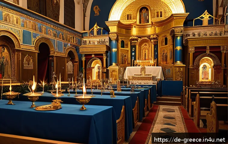 그리스 정교회 역사 - A richly decorated interior of a Greek Orthodox Byzantine church during a festive liturgy, featuring...