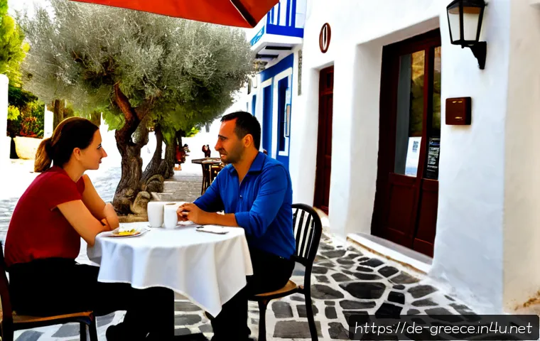 그리스 여행자가 주의해야 할 문화 차이 - Photorealistic travel scene in a sunlit Greek café terrace, a German couple politely waiting at thei...