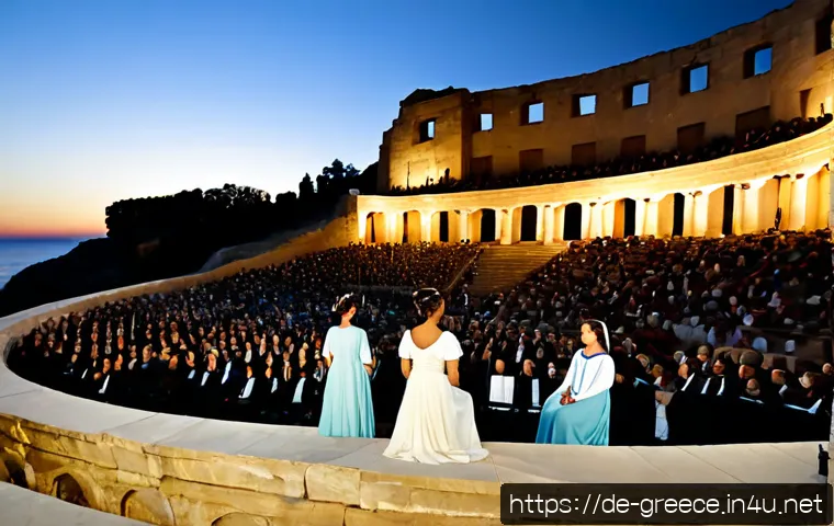 Home 17 그리스에서 볼만한 오페라와 연극 - Photorealistic evening performance at an ancient open-air Greek amphitheater, classical opera singer...